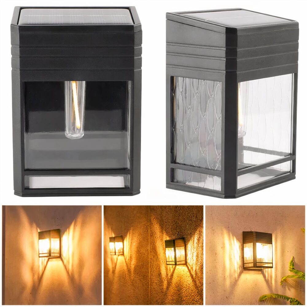 bild in zwei Teile getrennt. Oben sieht man die rechteckige Solar-Wandleuchte von vorne und leicht schräg. Unten: 3 Bilder mit der Wandleuchte, die mit warmem Licht an einer Wand befestigt ist.